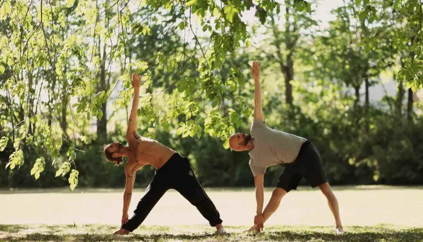 Två män utövar yoga i en park. De står i en triangelställning under trädens grönska.