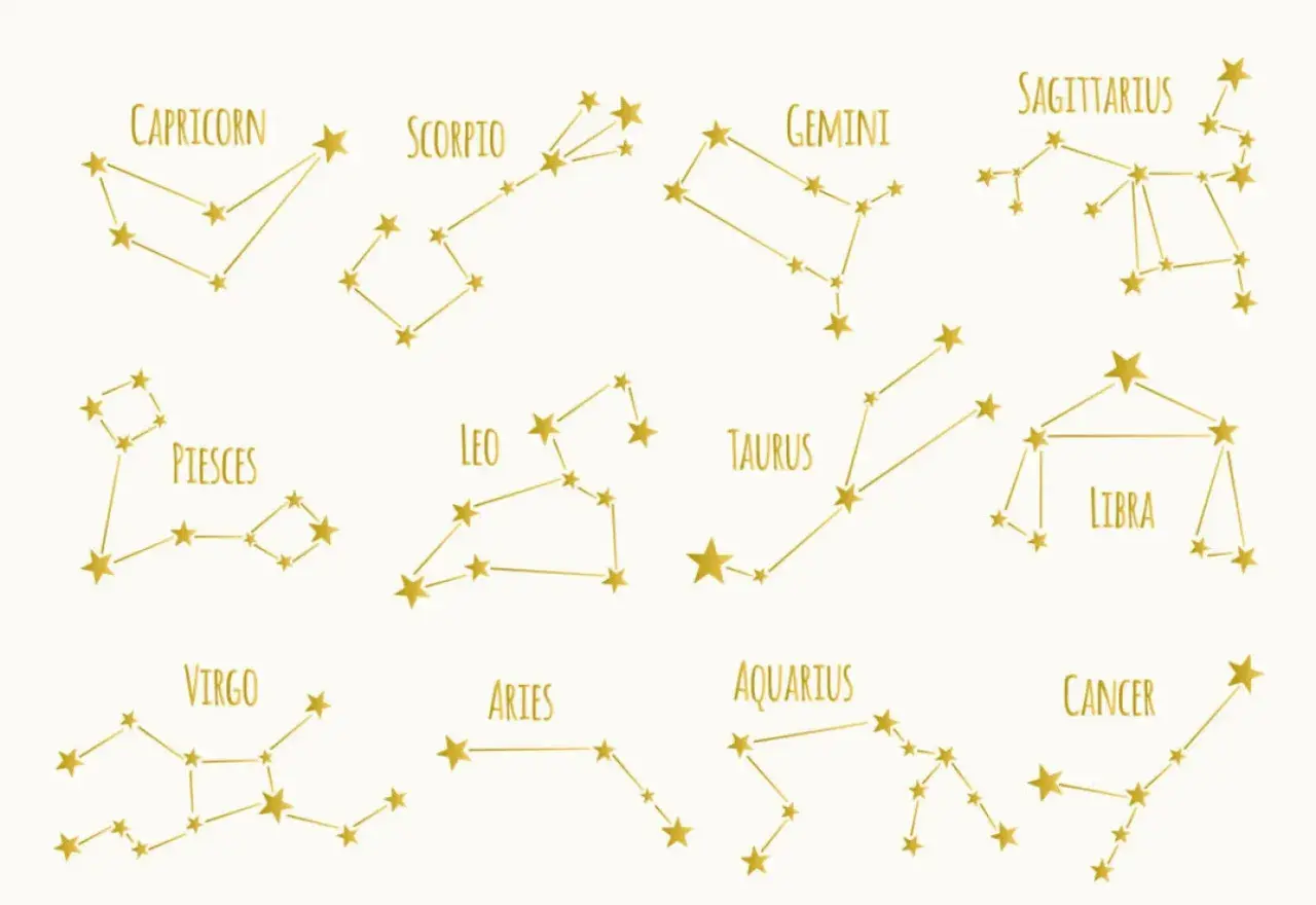 Gyllene stjärnbilder som representerar zodiakens tecken, inklusive Jungfru, med linjer som förbinder stjärnorna.