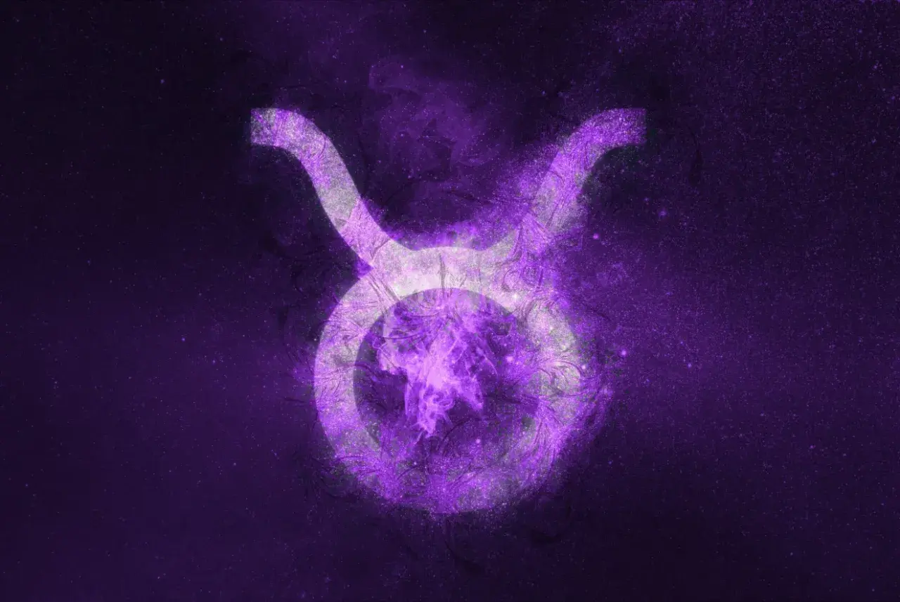 En lila, glödande symbol för oxe och våg mot en stjärnklar bakgrund.