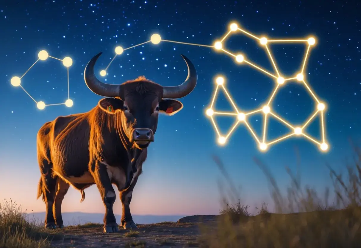 En mäktig oxe står under en stjärnklar himmel, bredvid stjärnbilden Oxen.