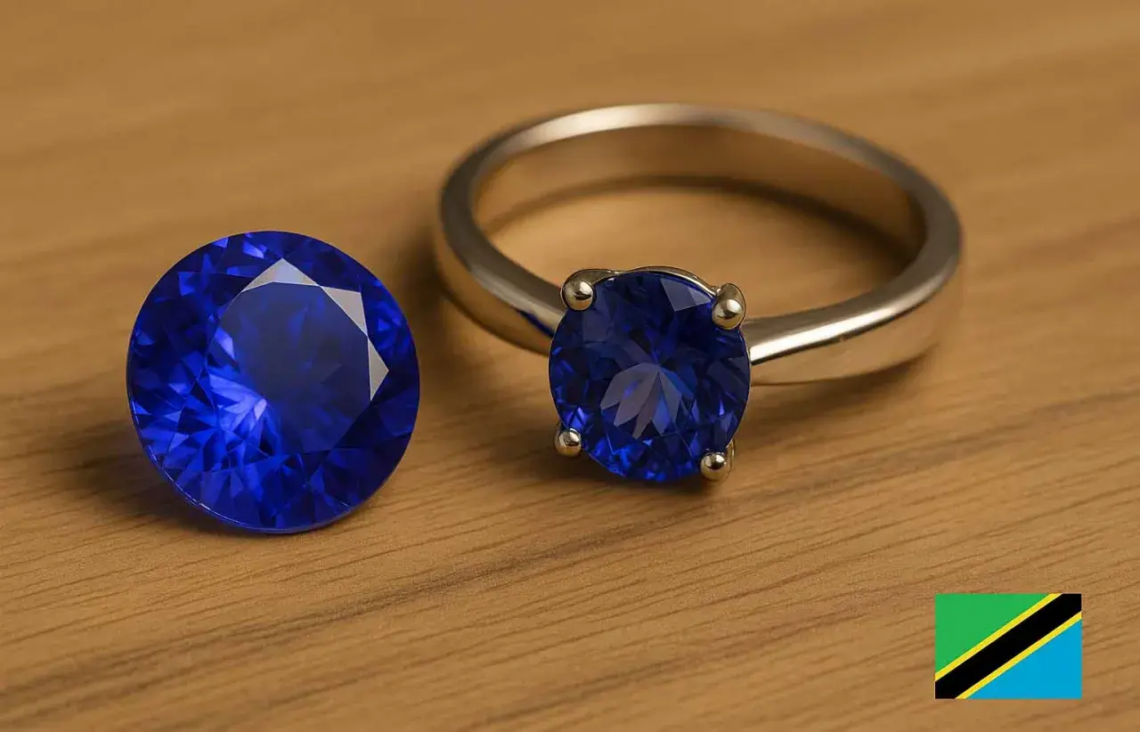 En stor, fasetterad safir bredvid en ring med en liknande blå sten. Dessa safir egenskaper gör dem till populära smycken.