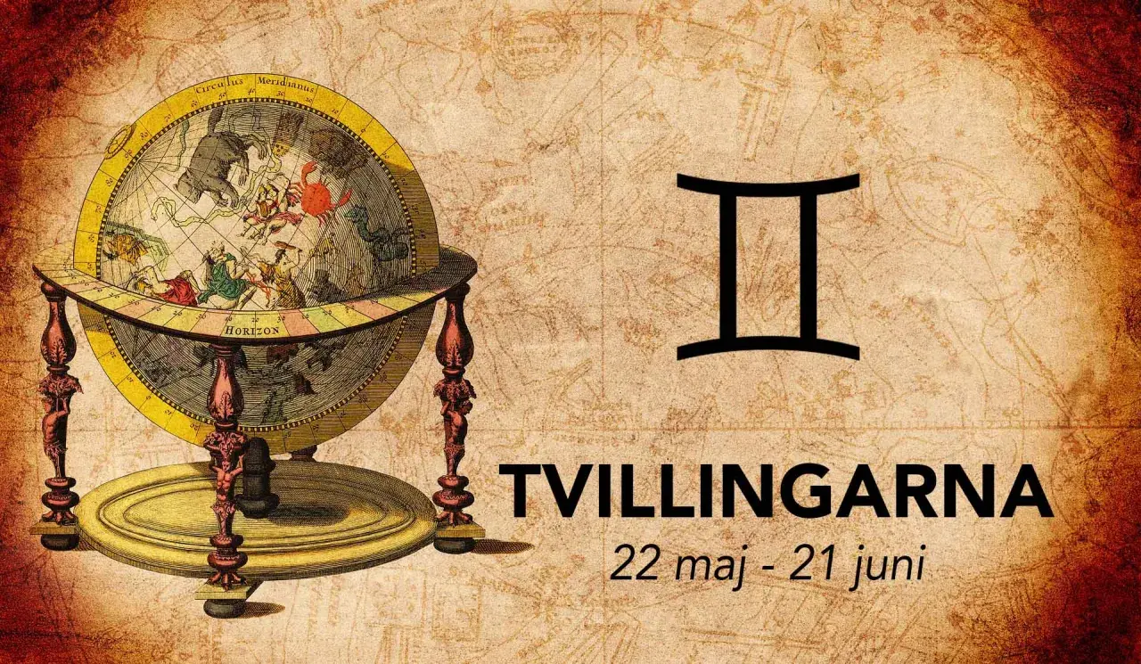 Antik jordglob med stjärnbilder och symbolen för tvilling element. Texten "Tvillingarna 22 maj - 21 juni" syns.