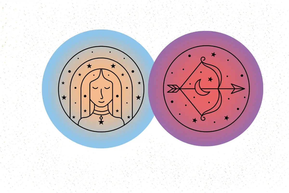 En cirkel med en jungfru-symbol och en annan med en skytt-symbol, båda med stjärnor och månar.