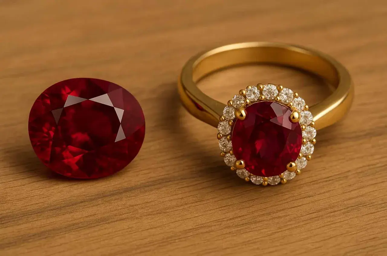 En oval granat sten bredvid en guldring med en stor granat sten omgiven av små diamanter.