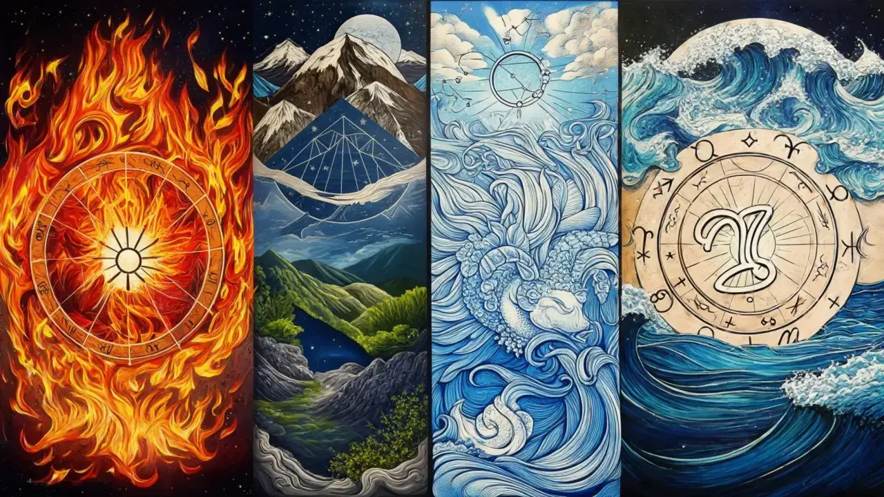 Konstverk som visar fyra olika element: eld, berg, luft och vatten, med astrologiska symboler.