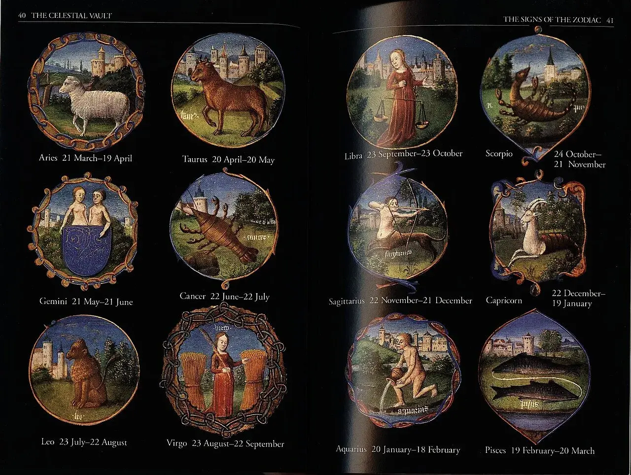 Detaljerad stjärntecken chart med tolv cirkulära illustrationer av djur och figurer som representerar zodiaken.
