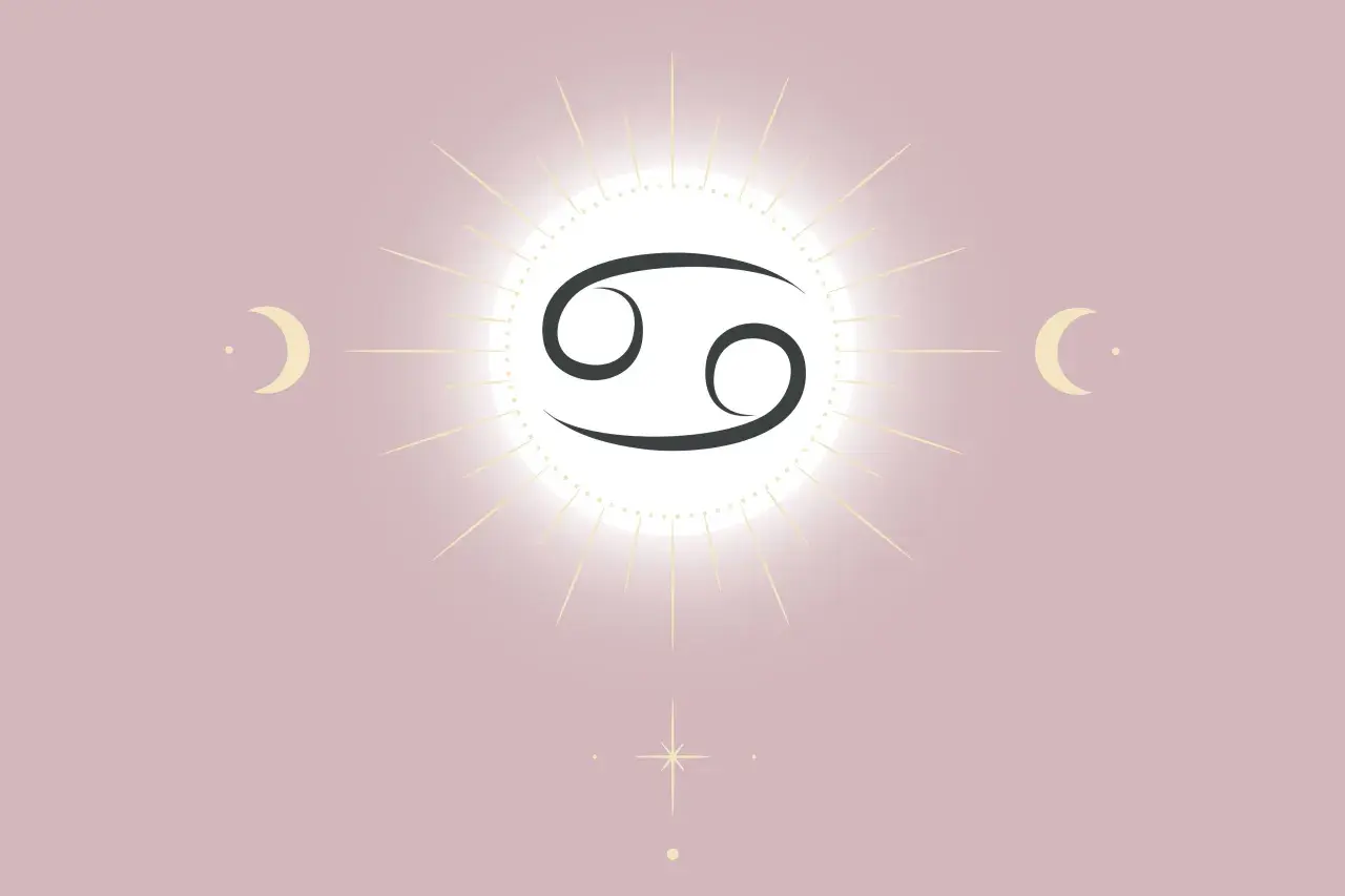 Stjärntecknet Kräftan, omgivet av en solstråle och månar. En symbol för ascendent kräfta.