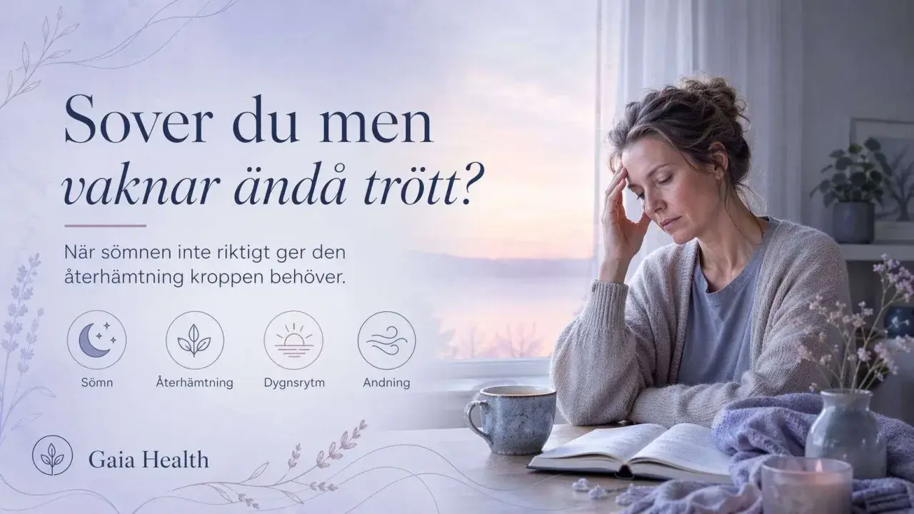 En kvinna med handen mot pannan sitter vid ett bord med en bok och en kopp. Hon ser ut att vaknar aldrig utvilad.