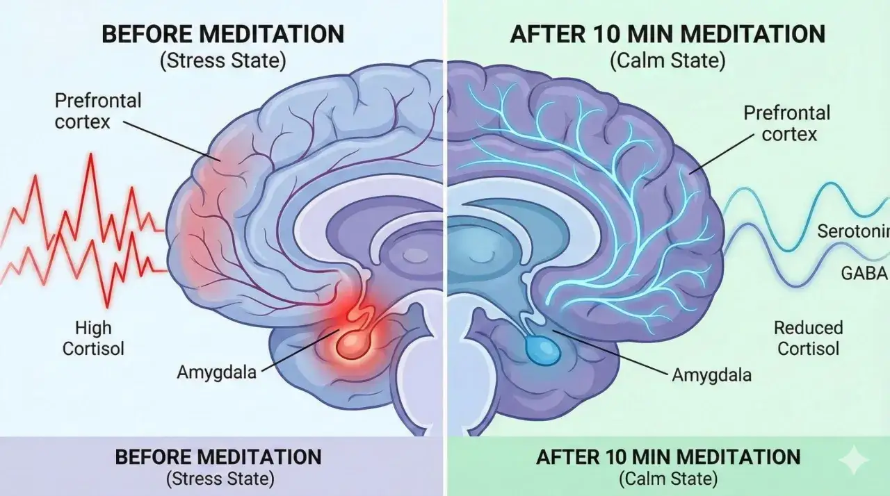 Hjärnan före och efter meditation. Forskning visar att sa ta na ma meditation minskar stresshormoner och ökar lugn.