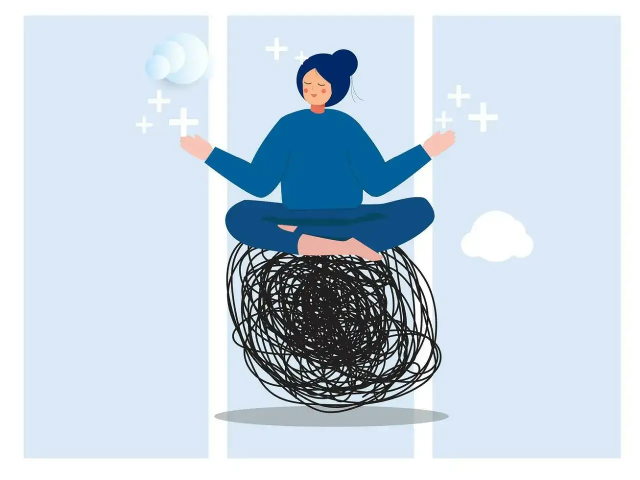En person mediterar sittande p&aring; ett trassligt garnnystan, vilket kan symbolisera nackdelar med meditation n&auml;r tankarna &auml;r r&ouml;riga.