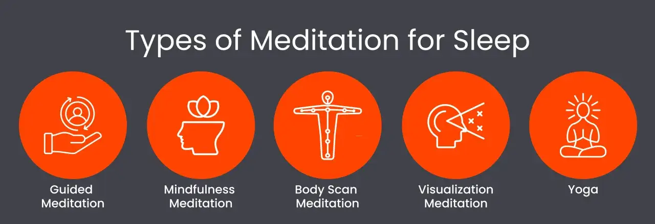 Fem typer meditation f&ouml;r mental avslappning och att somna: guidad, mindfulness, kroppsscanning, visualisering och yoga.
