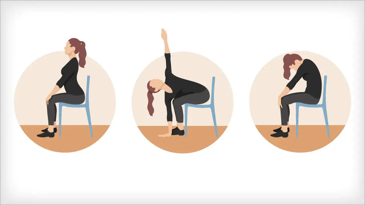 Tre illustrationer visar medicinsk yoga p&aring; stol. En kvinna utf&ouml;r olika positioner f&ouml;r att f&ouml;rb&auml;ttra r&ouml;rlighet och v&auml;lbefinnande.