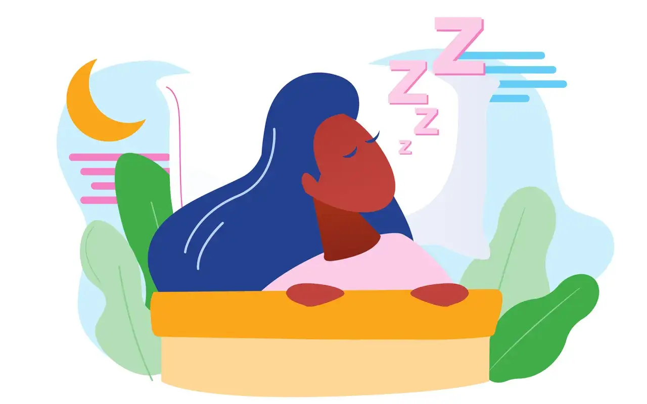 En person sover lugnt, omgiven av gr&ouml;nska och en m&aring;ne. En illustration som visar hur mindfulness kan minska stress och ge v&auml;lbeh&ouml;vlig vila.