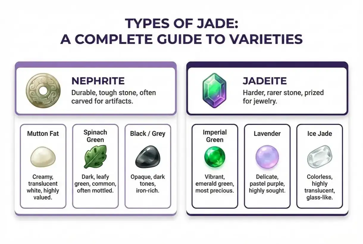 Guide till olika jadesorter: Nephrite (t&aring;lig, f&ouml;r artefakter) och Jadeite (h&aring;rdare, f&ouml;r smycken). Beskriver jade egenskaper som Mutton Fat, Spinach Green, Imperial Green m.fl.