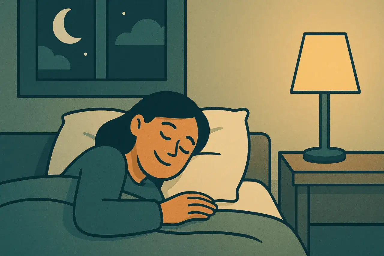En person sover djupt i en säng, med en nattlampa tänd och månen synlig genom fönstret. Kanske vaknar hen aldrig utvilad trots drömmarna.