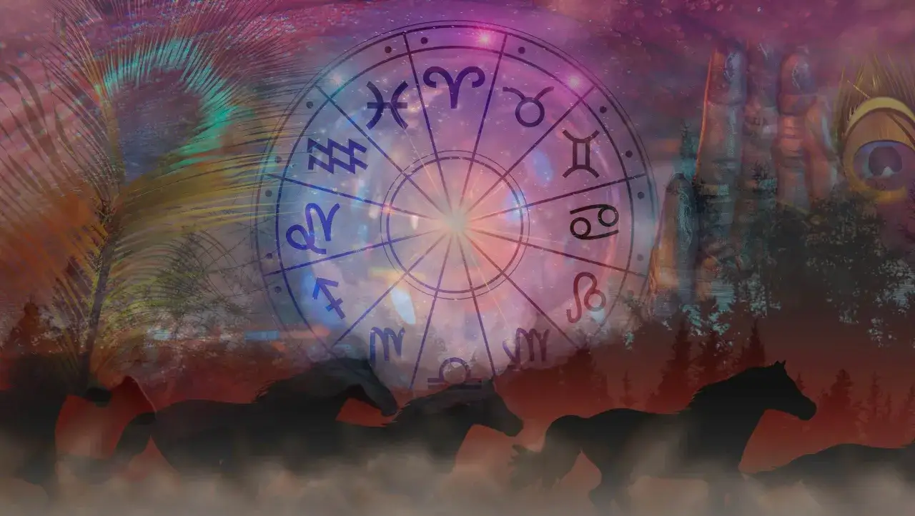 En drömsk bild med ett horoskop, hästar i galopp och påfågelsfjädrar. Tvillingarnas tecken syns tydligt.