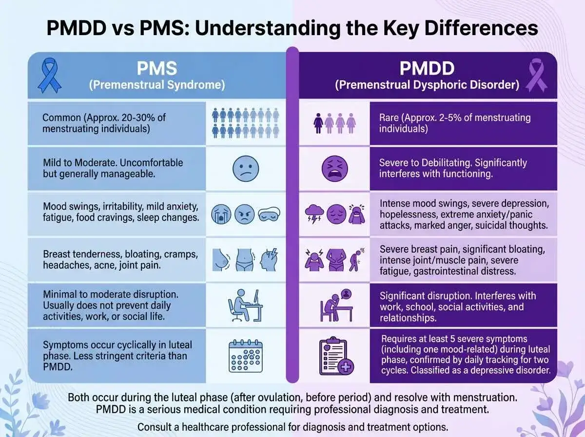 J&auml;mf&ouml;relse av PMS och PMDD. Lutealfas m&aring;ende kan vara milt eller sv&aring;rt, med symtom som hum&ouml;rsv&auml;ngningar, sm&auml;rta och tr&ouml;tthet.