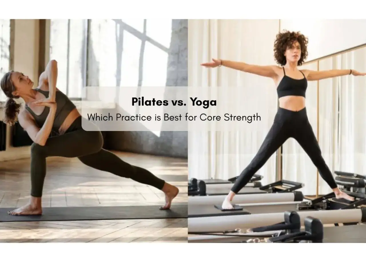 Tv&aring; kvinnor tr&auml;nar, en i en yogaposition, den andra p&aring; pilatesmaskiner. En silverf&auml;rgad linje av styrka i deras yoga- och pilates&ouml;vningar.