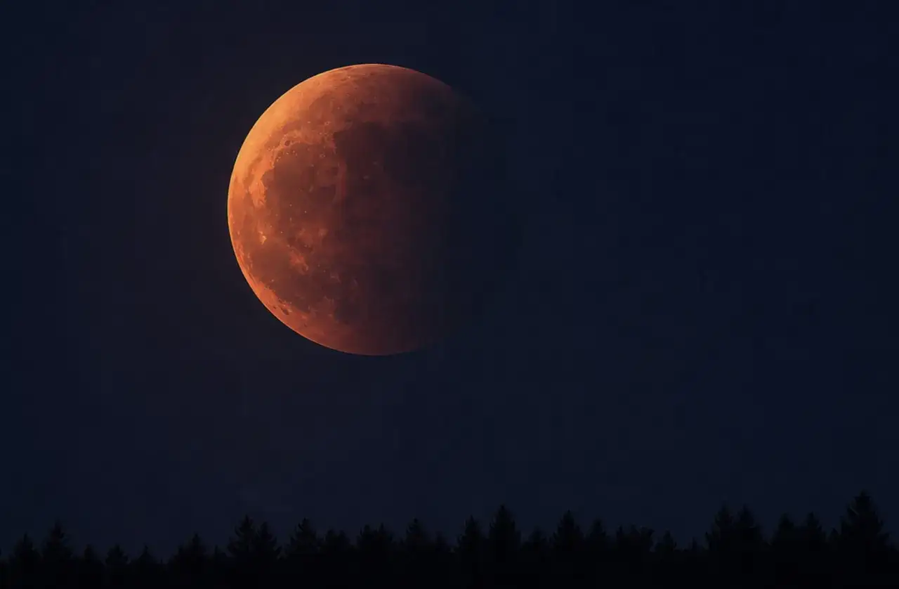 En blodröd fullmåne mars 2026, delvis skymd av jordens skugga, lyser över en mörk skogskant.