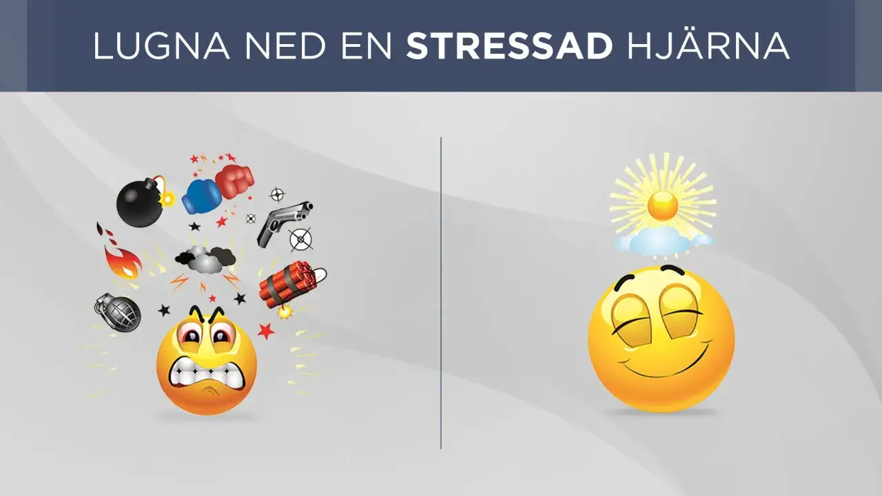 En arg smiley omgiven av bomber och vapen, kontrasterar mot en lugn smiley under solsken. K&auml;nns det sv&aring;rt att andas djupt stress?