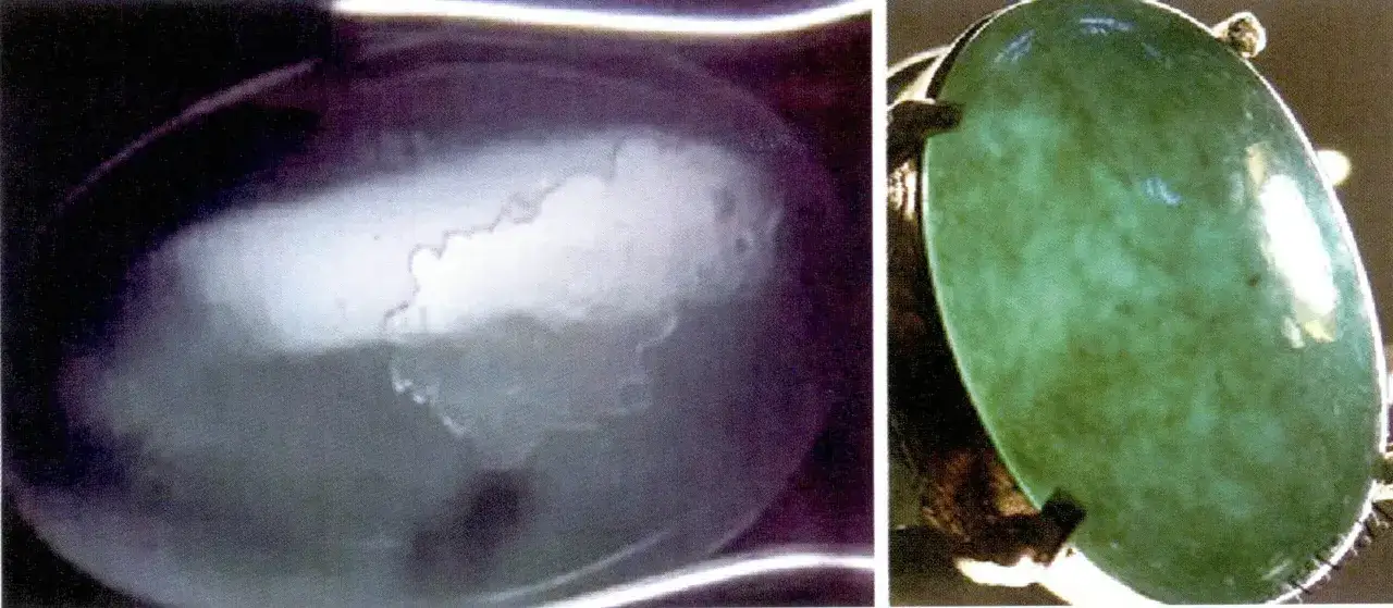 Tv&aring; bilder av en gr&ouml;n jade sten. Den v&auml;nstra visar en n&auml;rbild med ljusa, molniga inslag. Den h&ouml;gra visar en polerad, oval jade sten i en guldfattning.