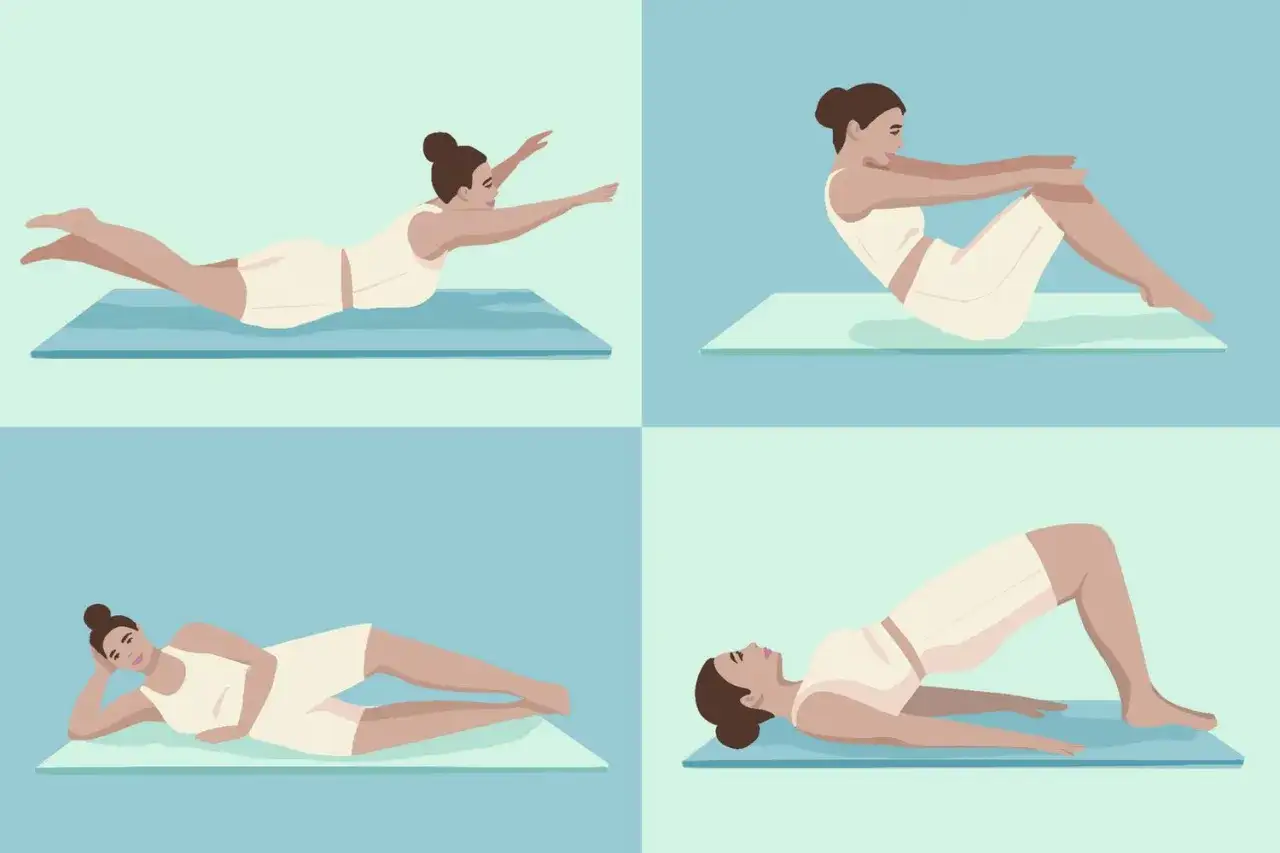 Illustration av en kvinna som utf&ouml;r olika &ouml;vningar f&ouml;r pilates hemma: liggande p&aring; mage, sittande, liggande p&aring; sidan och brygga.