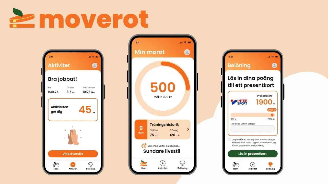 Appen Moverot visar aktivitetsdata och bel&ouml;ningar, perfekt f&ouml;r friskv&aring;rd online. F&aring; po&auml;ng f&ouml;r tr&auml;ning och l&ouml;s in dem till presentkort.