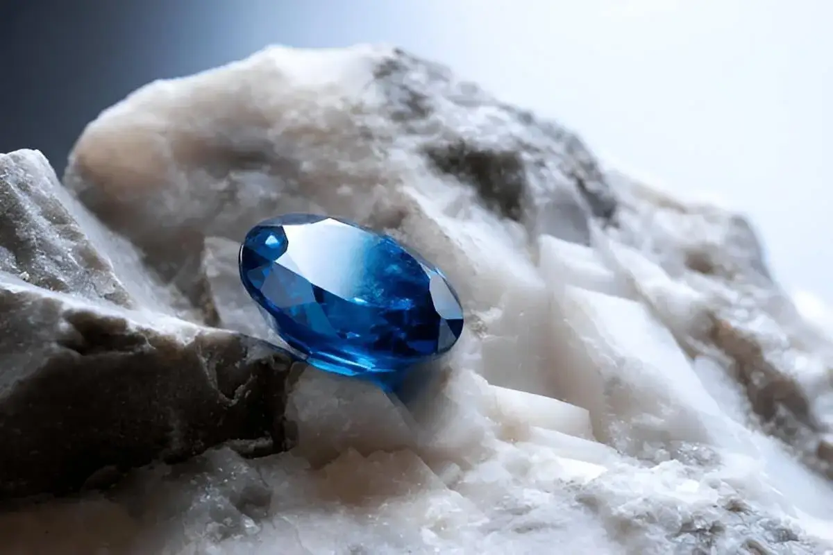 En ovalslipad bl&aring; safir vilar p&aring; en r&aring;, vit mineralformation. Dess glans och djupa f&auml;rg framh&auml;ver safir egenskaper som klarhet och sk&ouml;nhet.