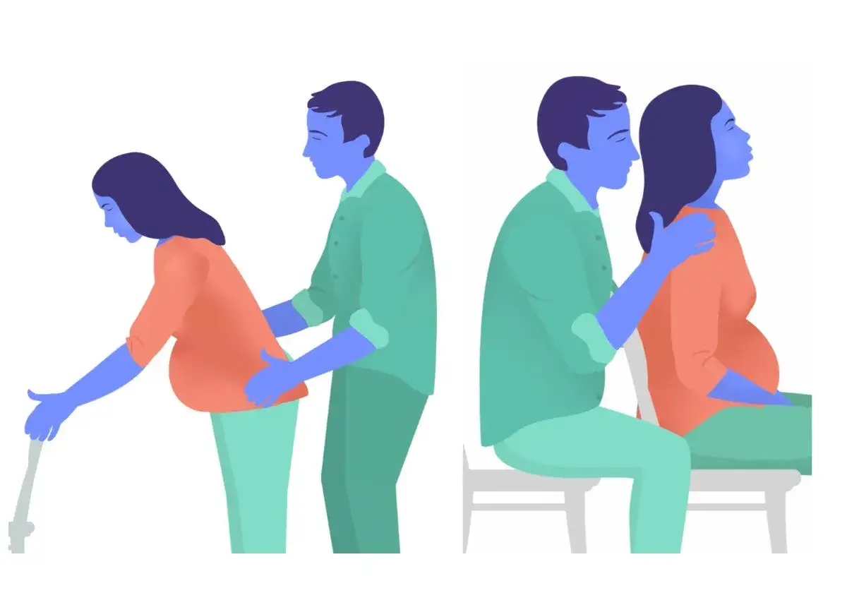 En gravid kvinna med kryckor, hennes partner st&ouml;ttar henne. Bredvid sitter de tillsammans, han l&auml;gger en hand p&aring; hennes axel. K&auml;nslan av att vara besviken p&aring; partner gravid kan vara tung.